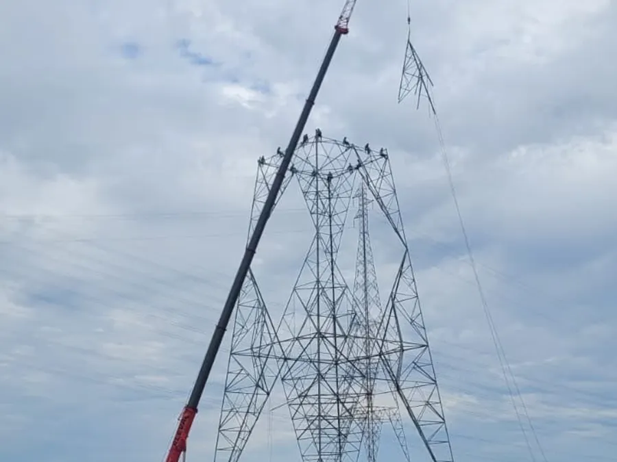 Guindaste da Eleva montando torre de linha de transmissão em campo aberto